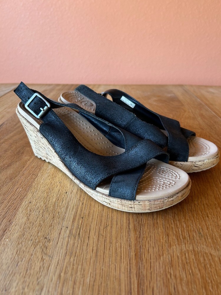 Crocs A-Leigh Womens 8 Leather Cork Wedge Heel Slingback Peep Toe Sandal Black