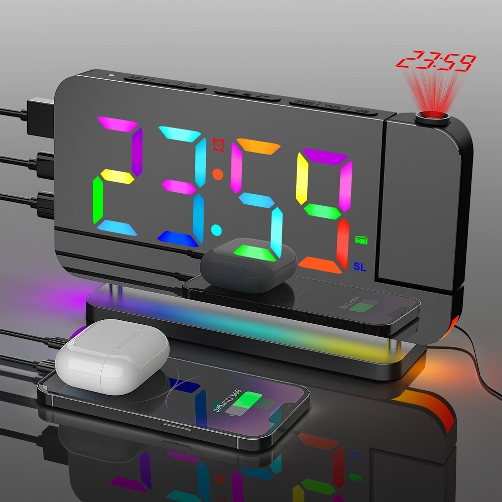 RGB LED Alarm Clock with FM Radio, 180° Projection & Mirror Display for 12/24H Time