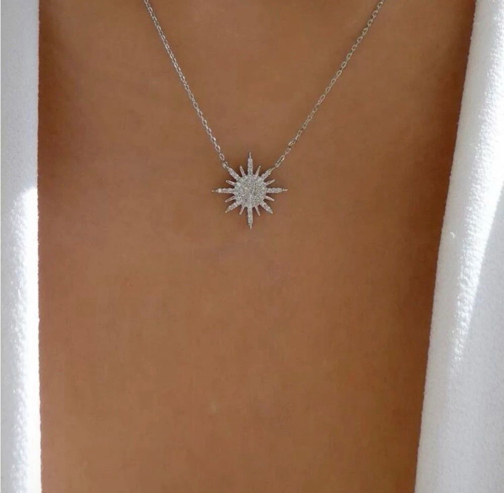 Silver Rhinestone Sunburst Pendant Necklace - Sparkling Statement Piece