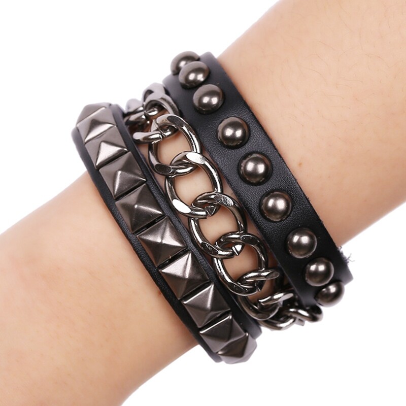 Punk Style Adjustable Leather Bangle with Rivets and Studs