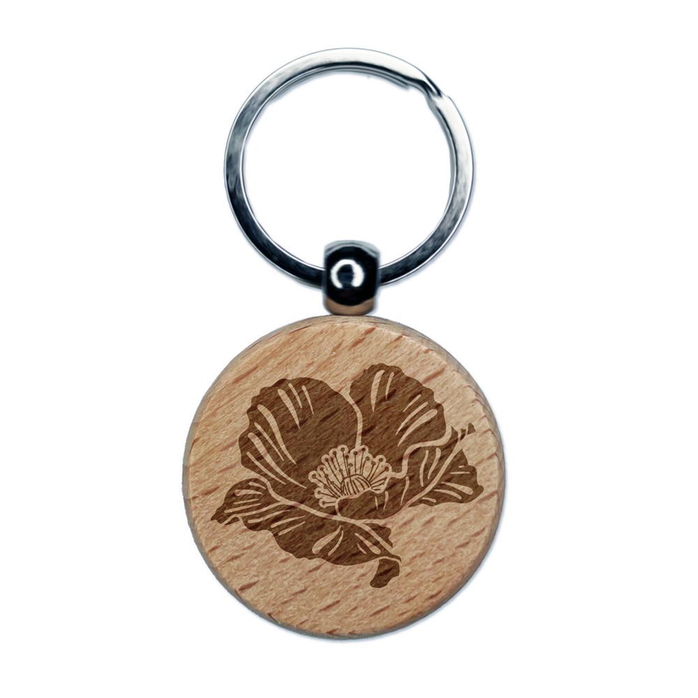 Pretty Poppy Flower Engraved Wood Round Keychain Tag Charm