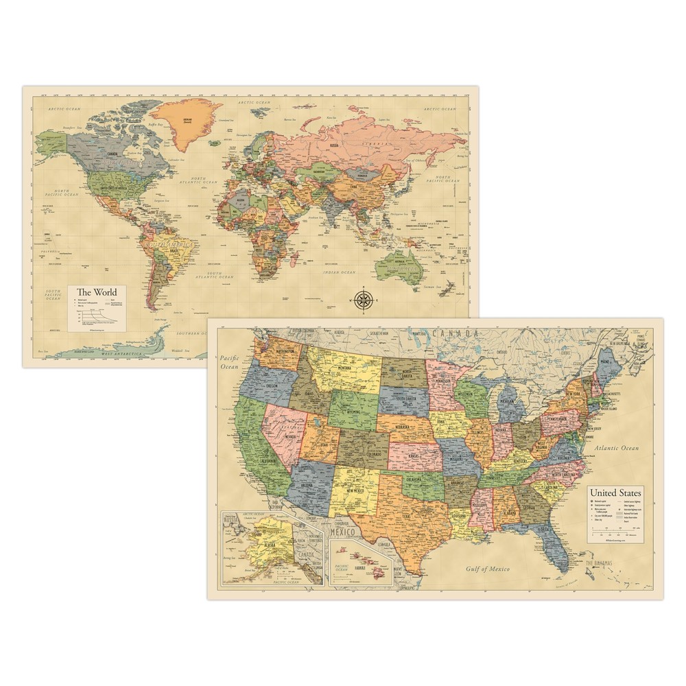 2 Pack - Laminated World Map & US Map Poster Set - Wall Chart Map of the Worl...