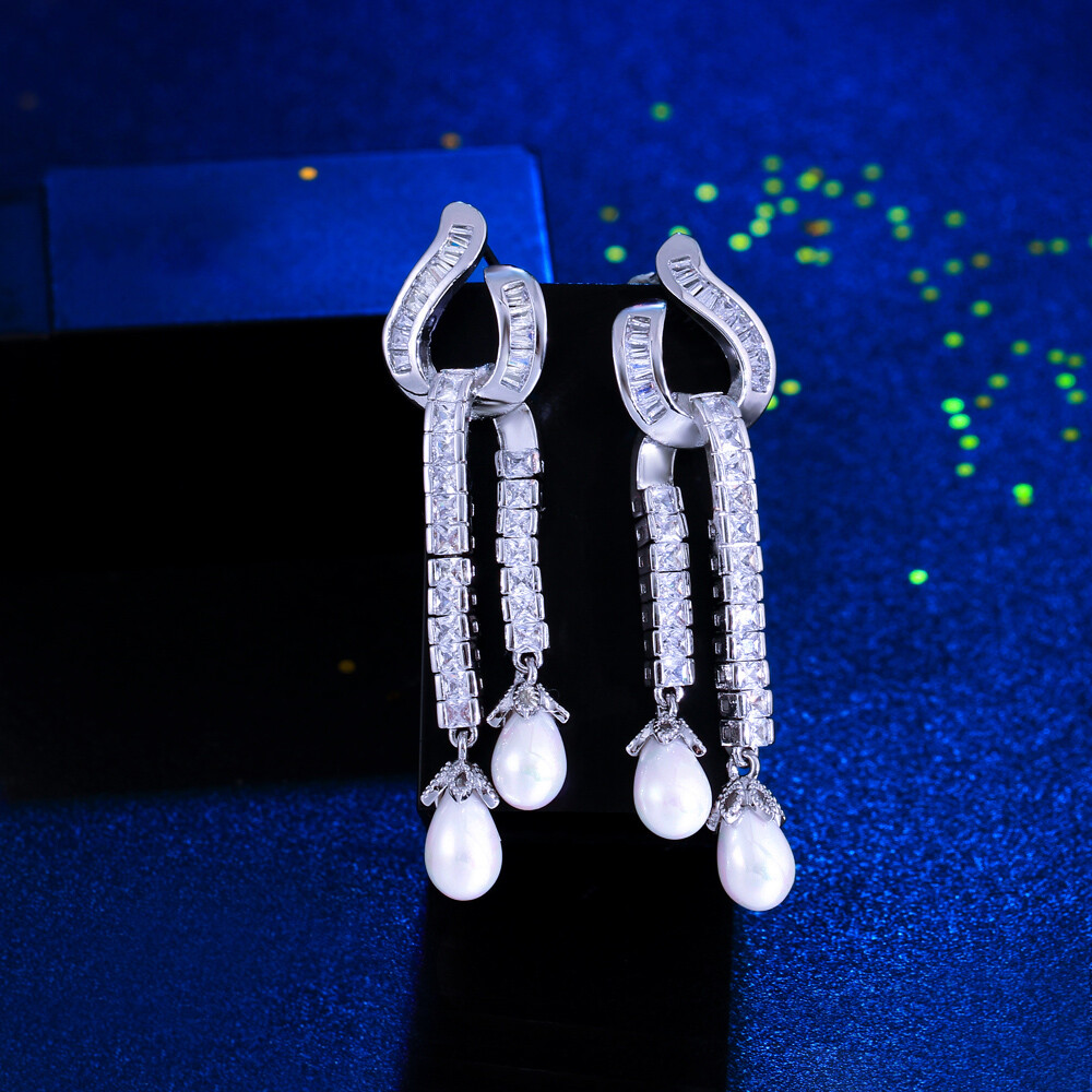 Symmetrical Silver Plated CZ Amerian Crystal Square Drop Pearl Dangle Earrings