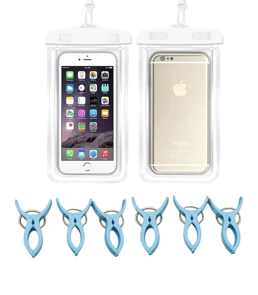 2 Clear Plastic Phone Waterproof Bag Pouch, 6 Clothespins Towel Holder for Beach