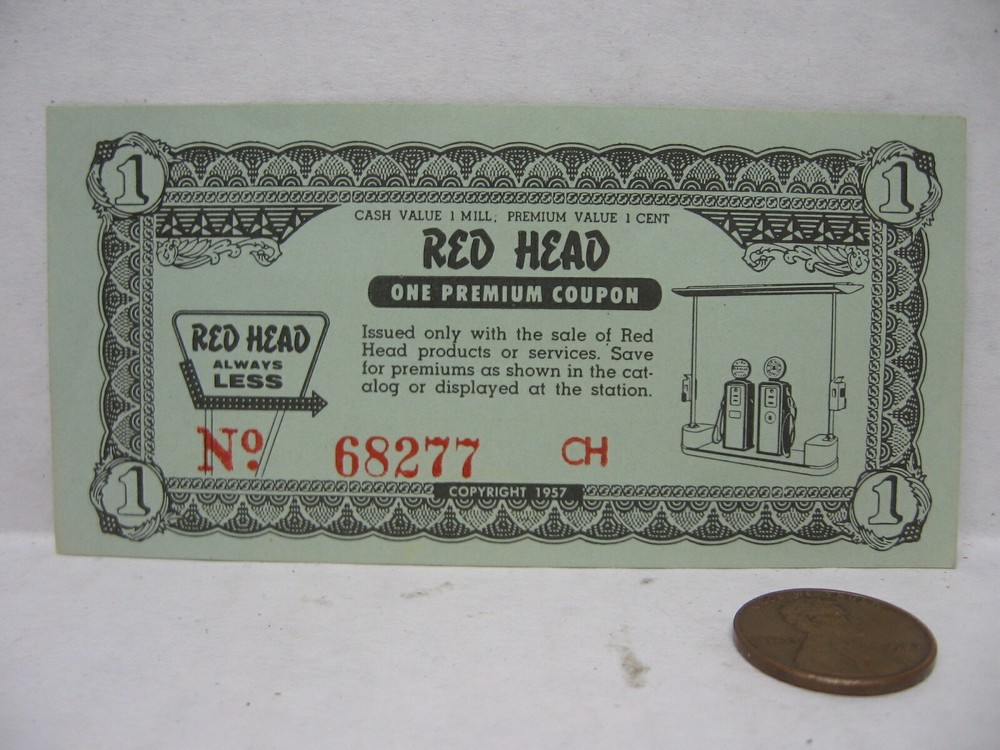 Vintage Premium Coupon Red Head Gas Station 1 Cent Coupon Wooster OH