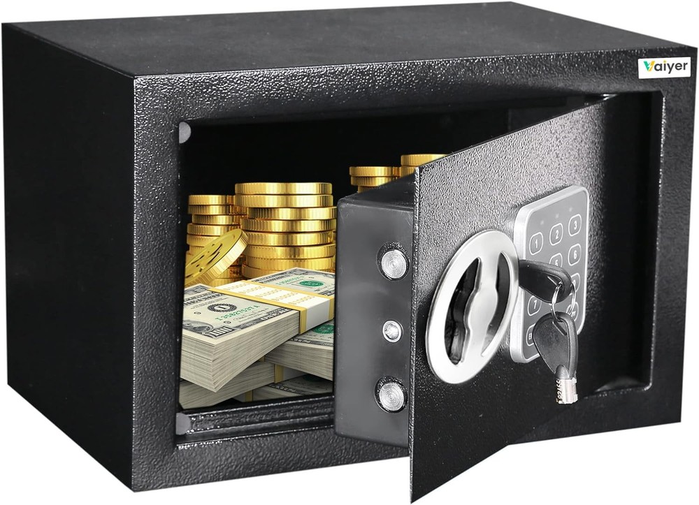 Electronic Safe Box with Digital Keypad & Keys, Steel Alloy Drop Protection for Money & Valuables