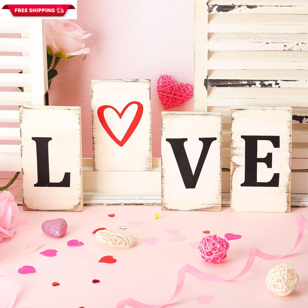 4 Pcs Valentine'S Day Love Wooden Blocks Romantic Heart Love Wooden Signs Valent
