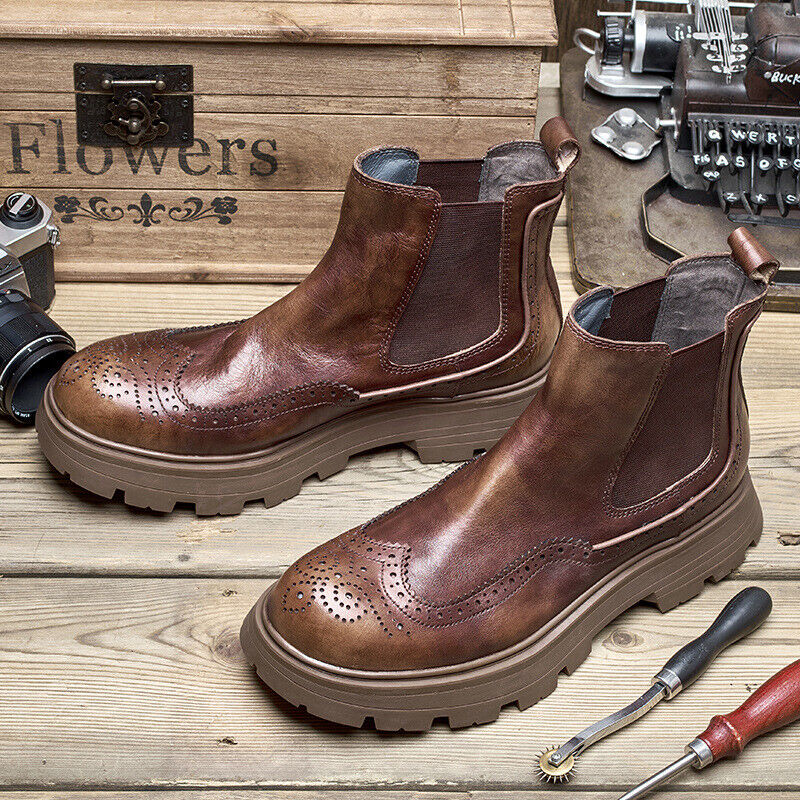 Retro Western Mens Real Leather Round Toe Carved Wing Tip Chelsea Ankle Boots sz