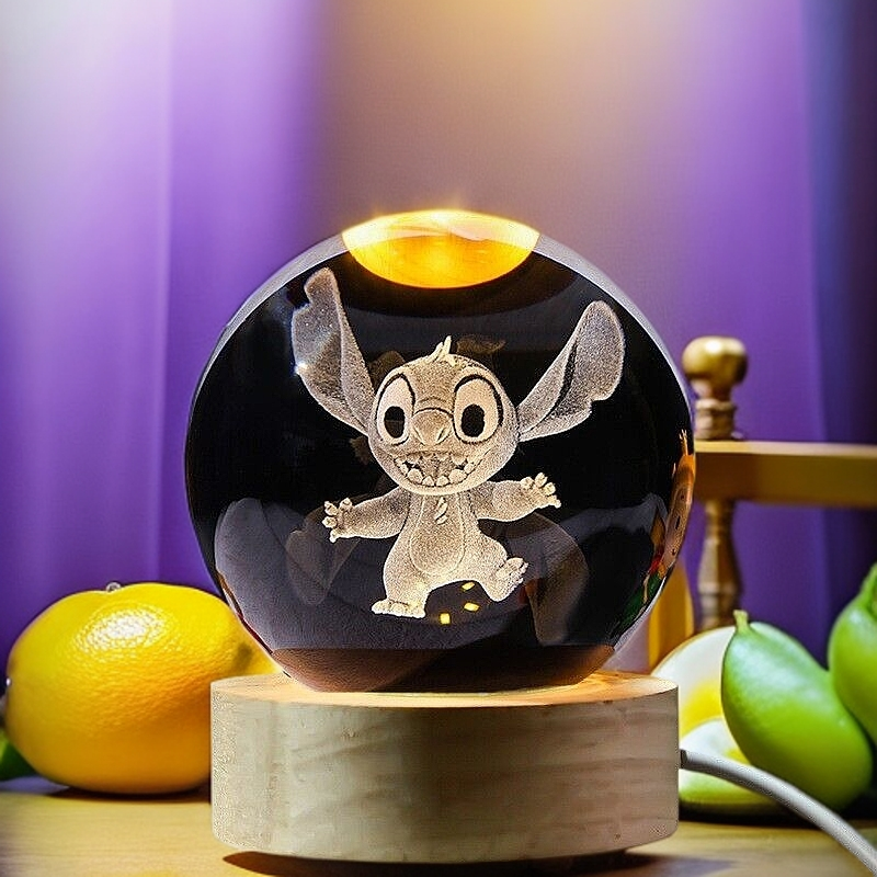 Bola de cristal tallada 3D (puntura A) luz nocturna con base de madera regalo para niños curación