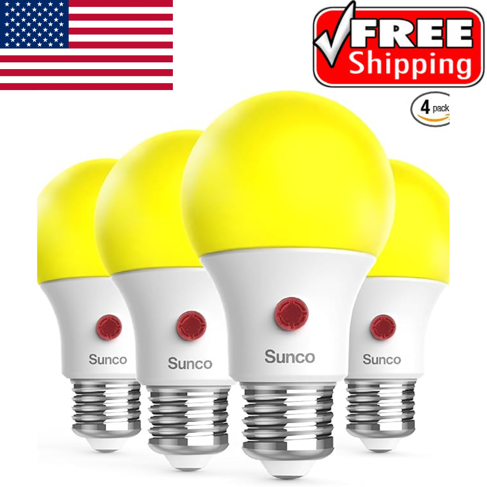 Sunco 4 Pack LED Bug Light Bulbs Outdoor A19 4 Count (Pack of 1), Yellow .