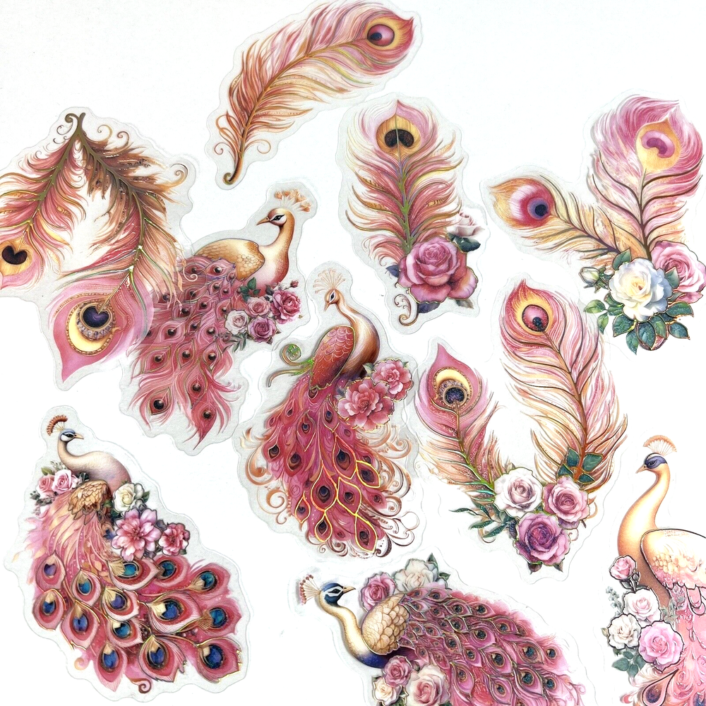 Pink Peacock Stickers  Holographic Foil Scrapbooking Collage Journals Cardmaking