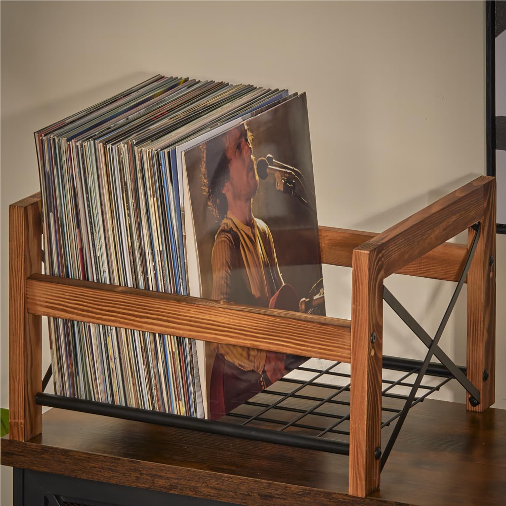 Vinyl Record Holder - Store up to 100 LP Albums Wood Folder Crate 14.5x17.3x10.4