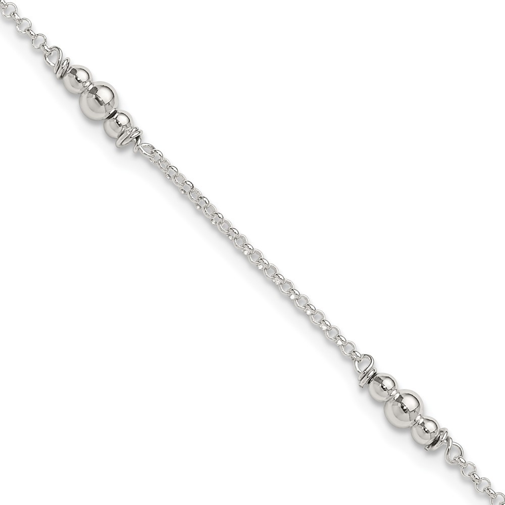 Sterling Silver Polished Bead Anklet for Women 10 Inch with 1 Inch Extension 3.17 Grams