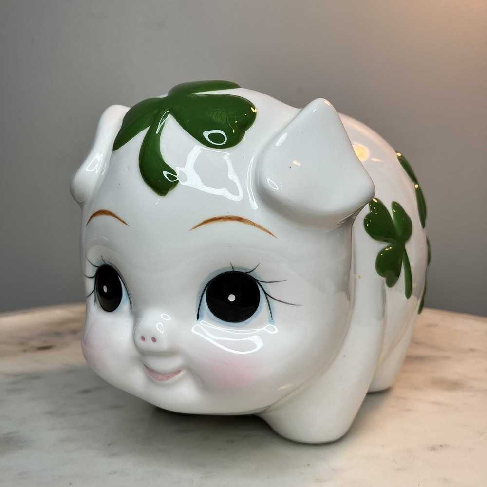 VTG Lefton Irish Leaf Clover Shamrock Ceramic Hand Painted Piggy Bank Excellent