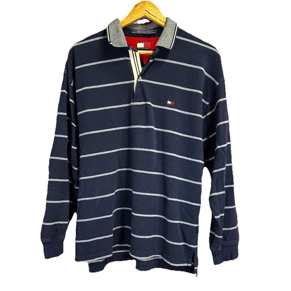 90s Tommy Hilfiger Blue Long Sleeve Polo Mens Size XL