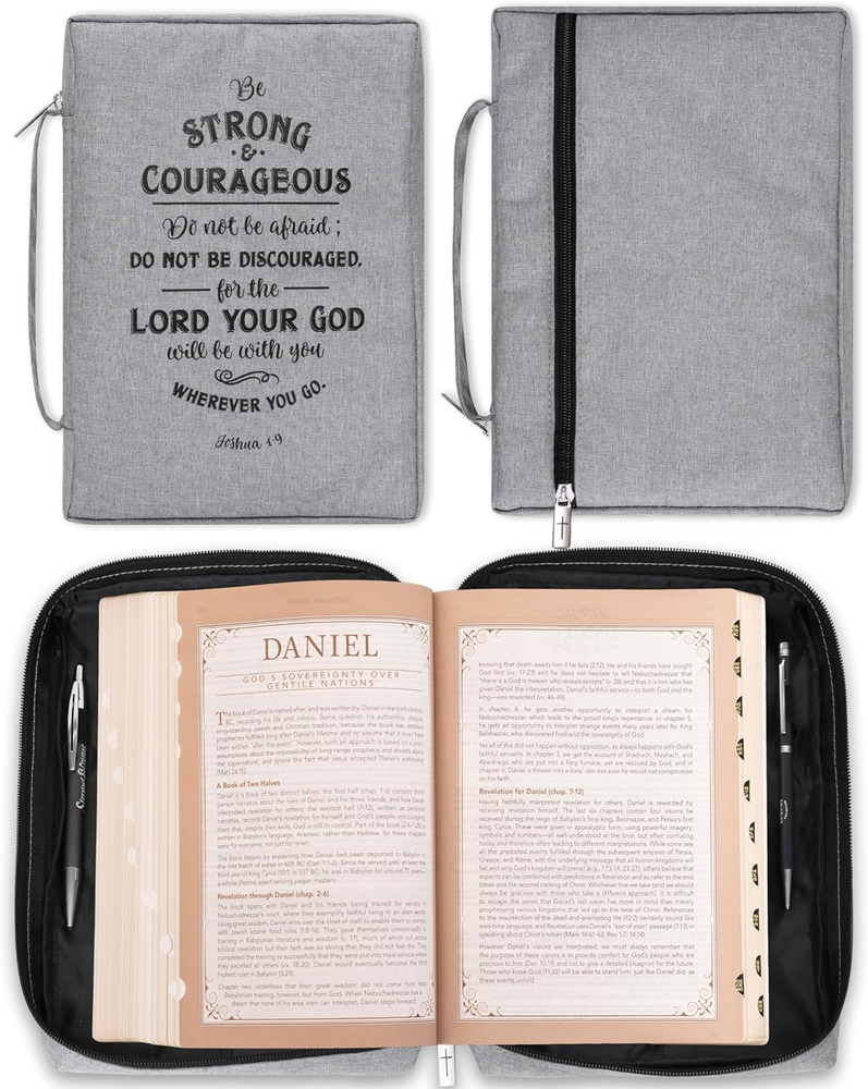 Bible Cover for Men/Women Joshua 1:9 Gray Canvas Large Christian Art Gift