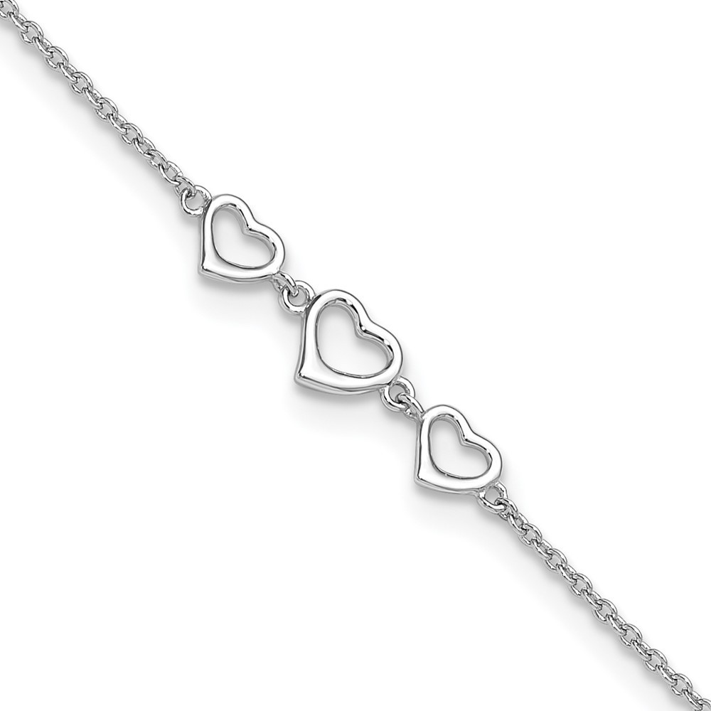Sterling Silver Rhodium-Plated Triple Heart Anklet 10 Inch with 1 Inch Extender 1.96g