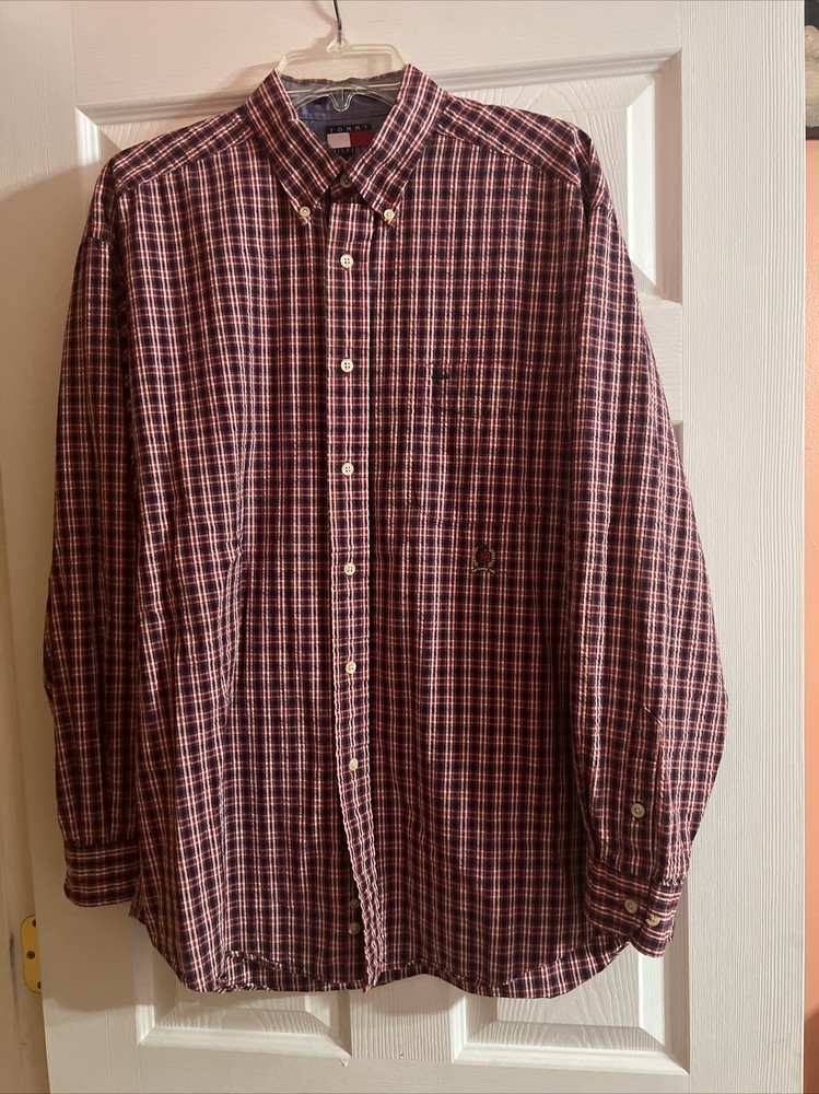 Men's Large Red Plaid Button Down Shirt by Tommy Hilfiger