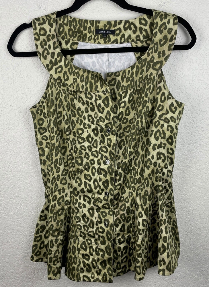 Lafayette 148 Top Womens 10 Leopard Animal Pattern Peplum Hem Mob Wife Button Up