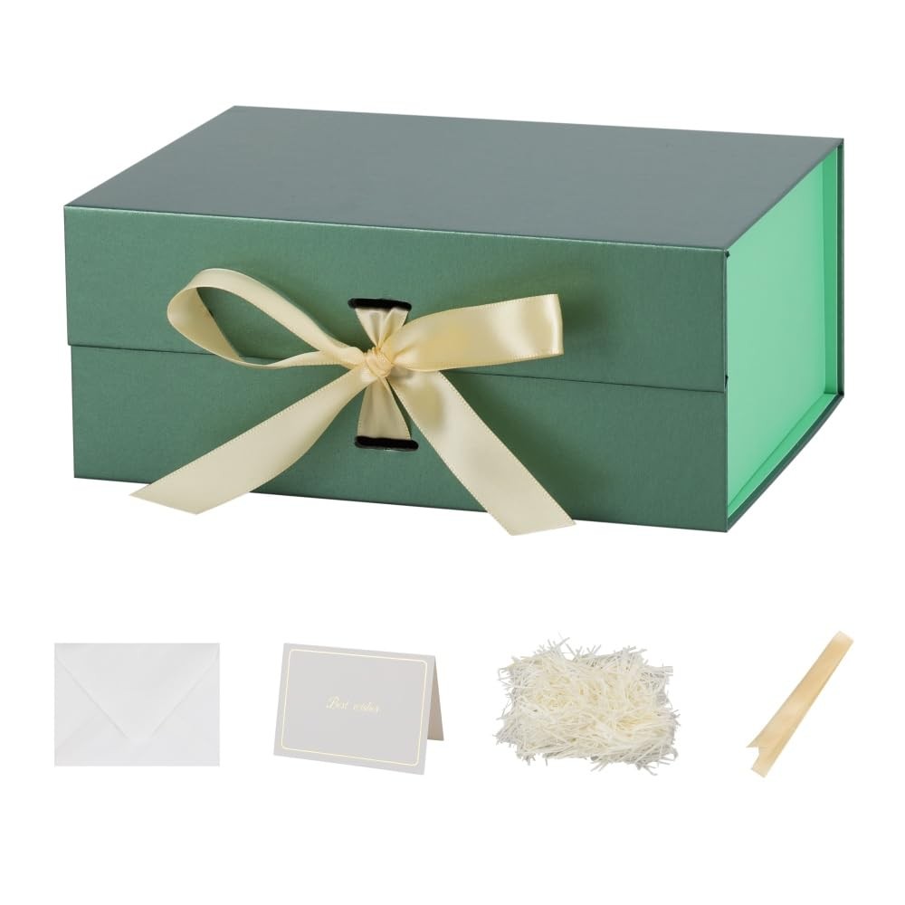 5 Pack 9.5X7X4 Inch Green Magnetic Gift Box with Lid Small Gift Box with Shre...