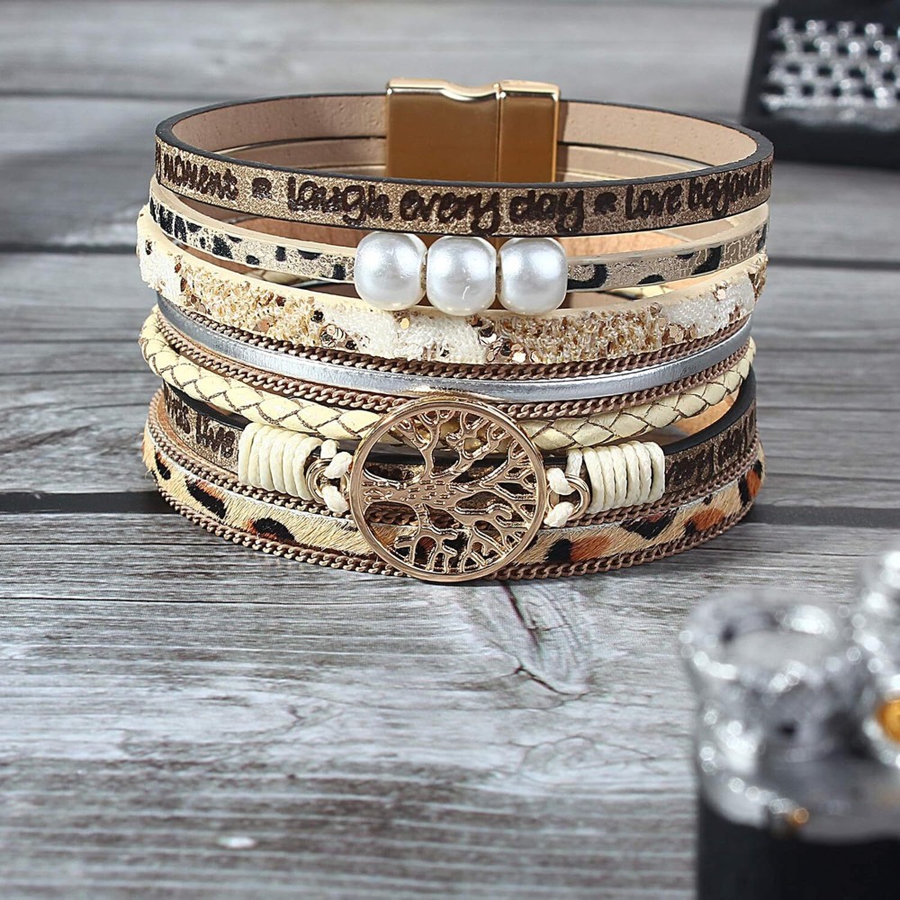 Tree of Life Leather Wrap Bracelet Inspirational Cuff Bangles Boho Pearl