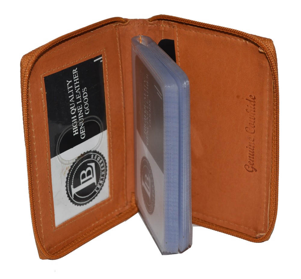 CREDIT CARD PICTURE HOLDER ALL AROUND ZIPPER TAN 24 PAGES GENUINE LEATHER-image