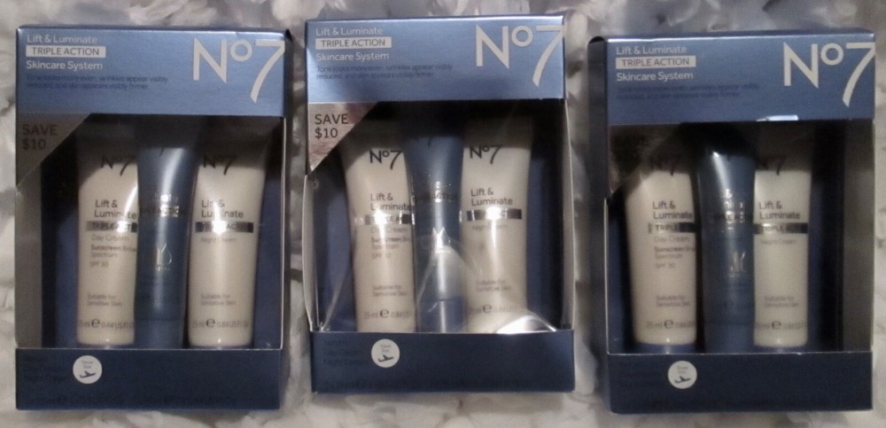 3 BOXES No7 LIFT & LUMINATE TRIPLE ACTION SERUM/DAY CREAM/NIGHT CREAM EXP 7/23
