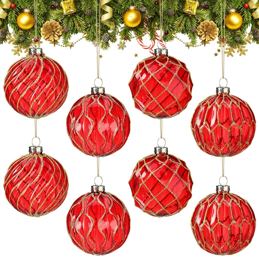 8 Pcs Red Glass Christmas Tree Ornaments 3.15 Inches Red Gold Vintage Glass B...
