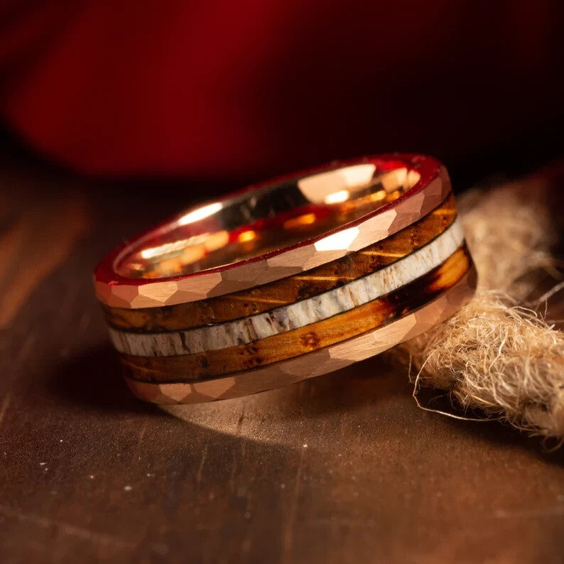 Charred Whiskey Barrel Wood and Deer Antler Rose Gold Comfort Fit Mens Wedding Ring