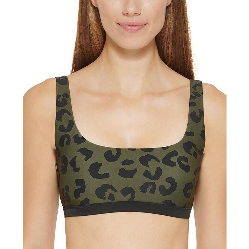 DKNY Women Moss Green Leopard Square Neck Sporty Bikini Swimsuit Top Size L