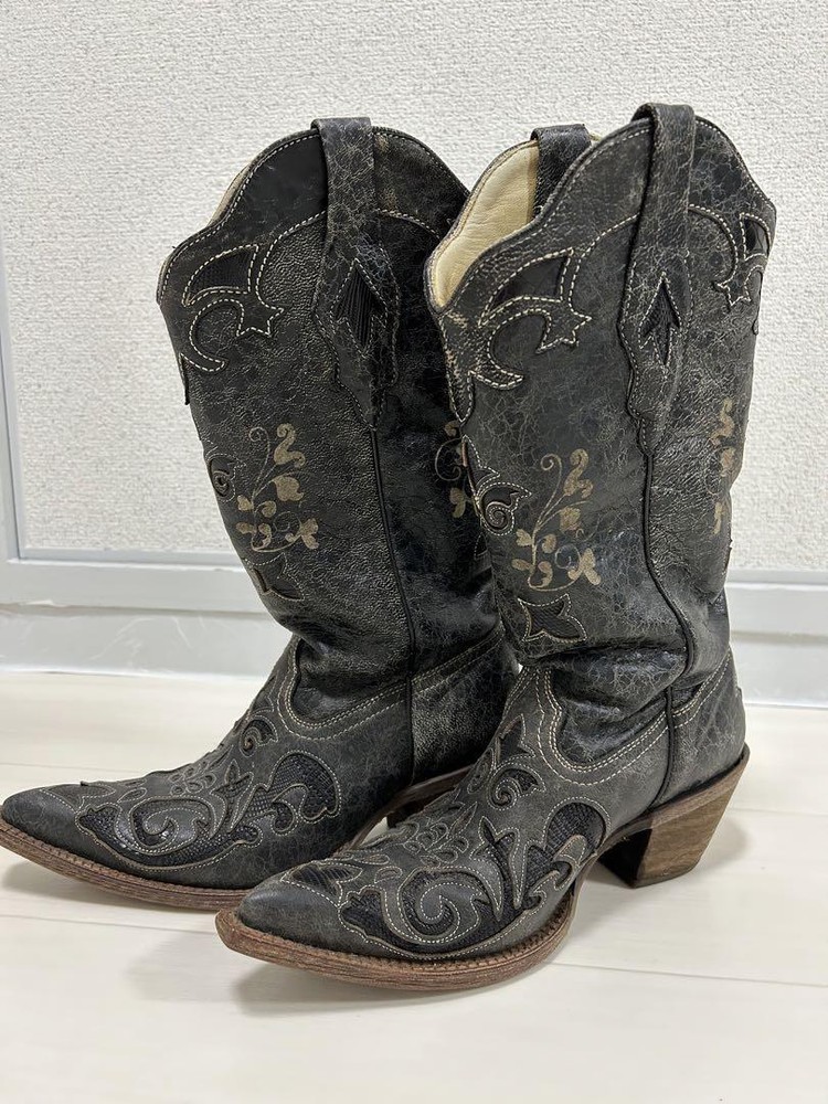CORRAL BOOTS Made in Mexico Western boots Black Gray Embroidery US 6 1/2M Y2K