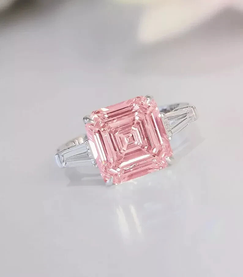 4.60 Ct Asscher Cut Natural Pink Sapphire Diamond Wedding Ring 18K White Gold