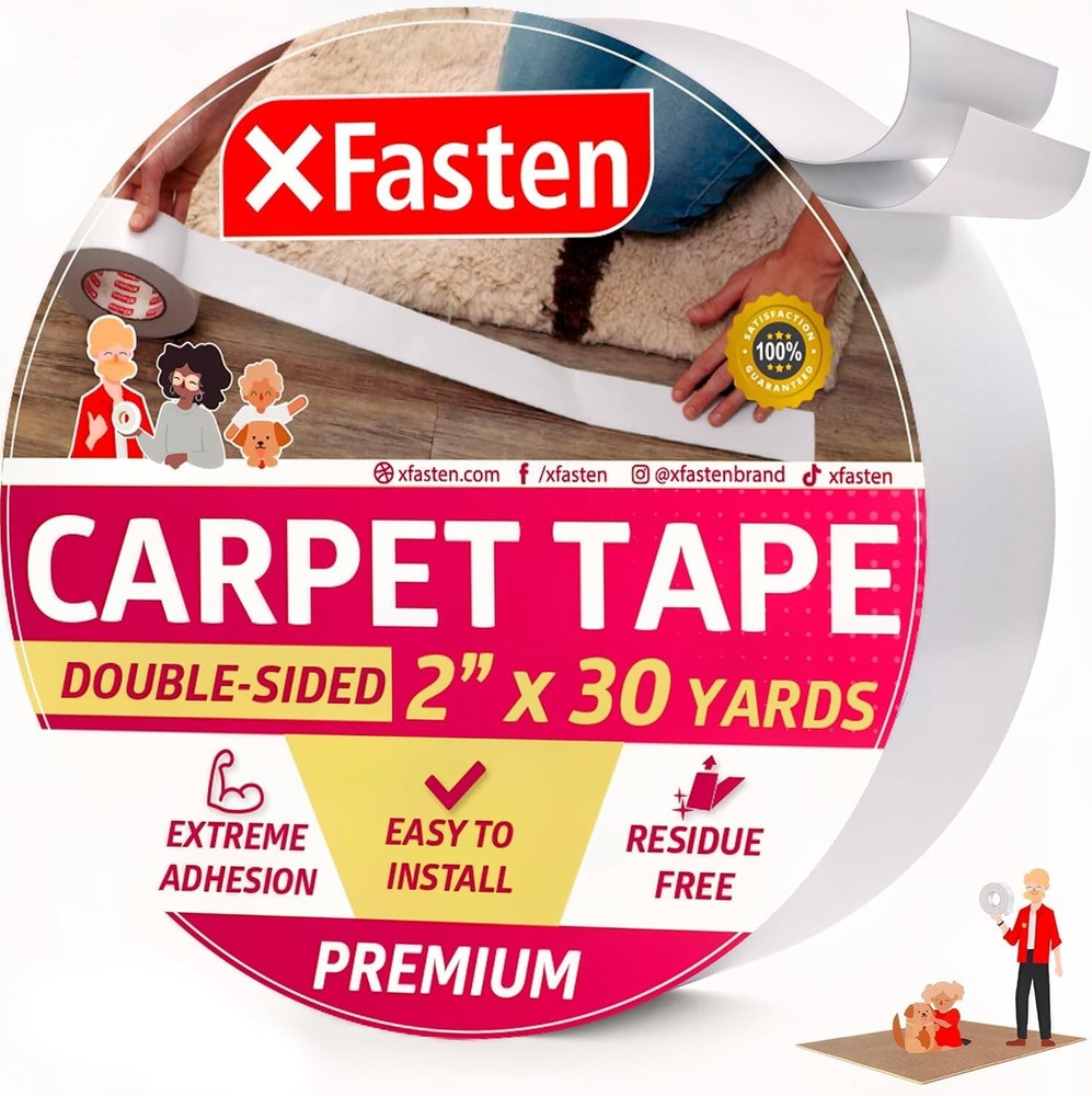 XFasten 2 Inch x 30 Yards Double Sided Carpet Tape for Rugs No Residue Strong Hold
