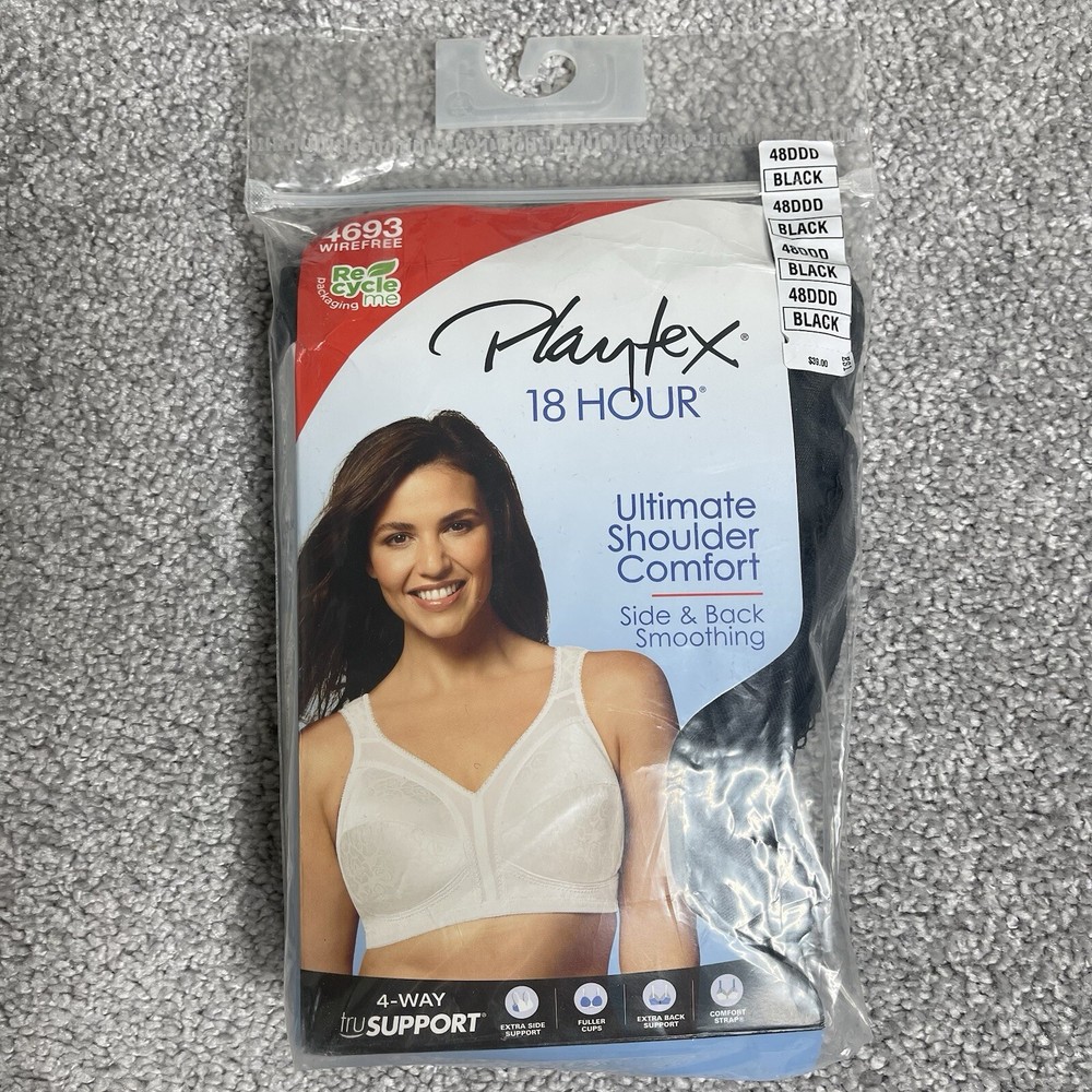 Playtex 18 Hour Bra 48DDD Black Wireless Comfort Back Closure Adjustable 4693