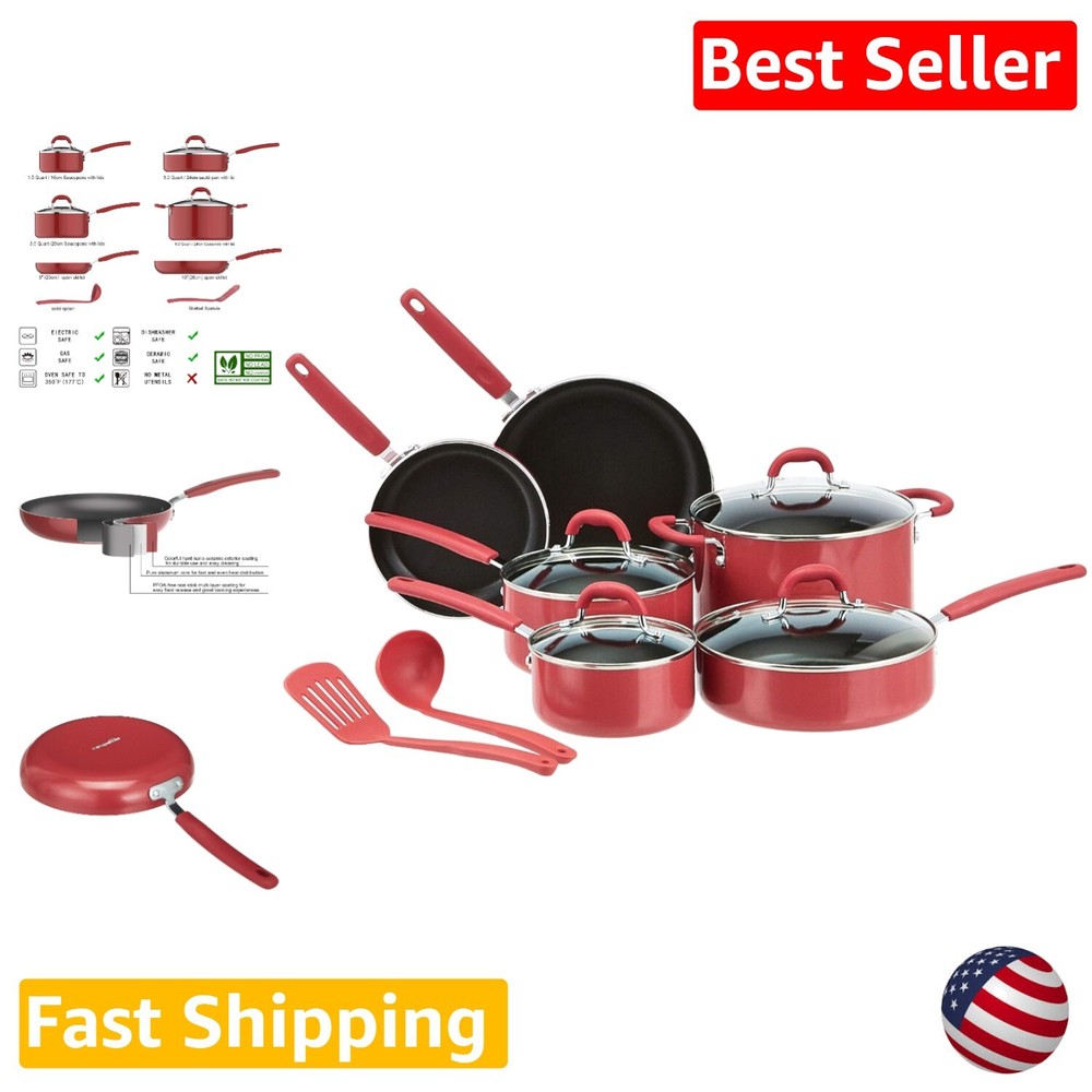 Nonstick Red Cookware Set with Soft Stay-Cool Handles - Oven & Dishwasher Safe