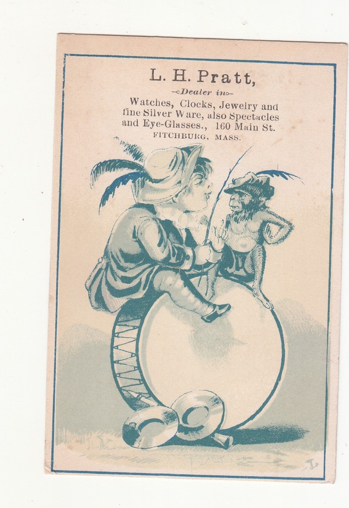 L H Pratt Watches Jewelery Spectacles Boy Monkey Sitting on Drum Vict Card 1880s