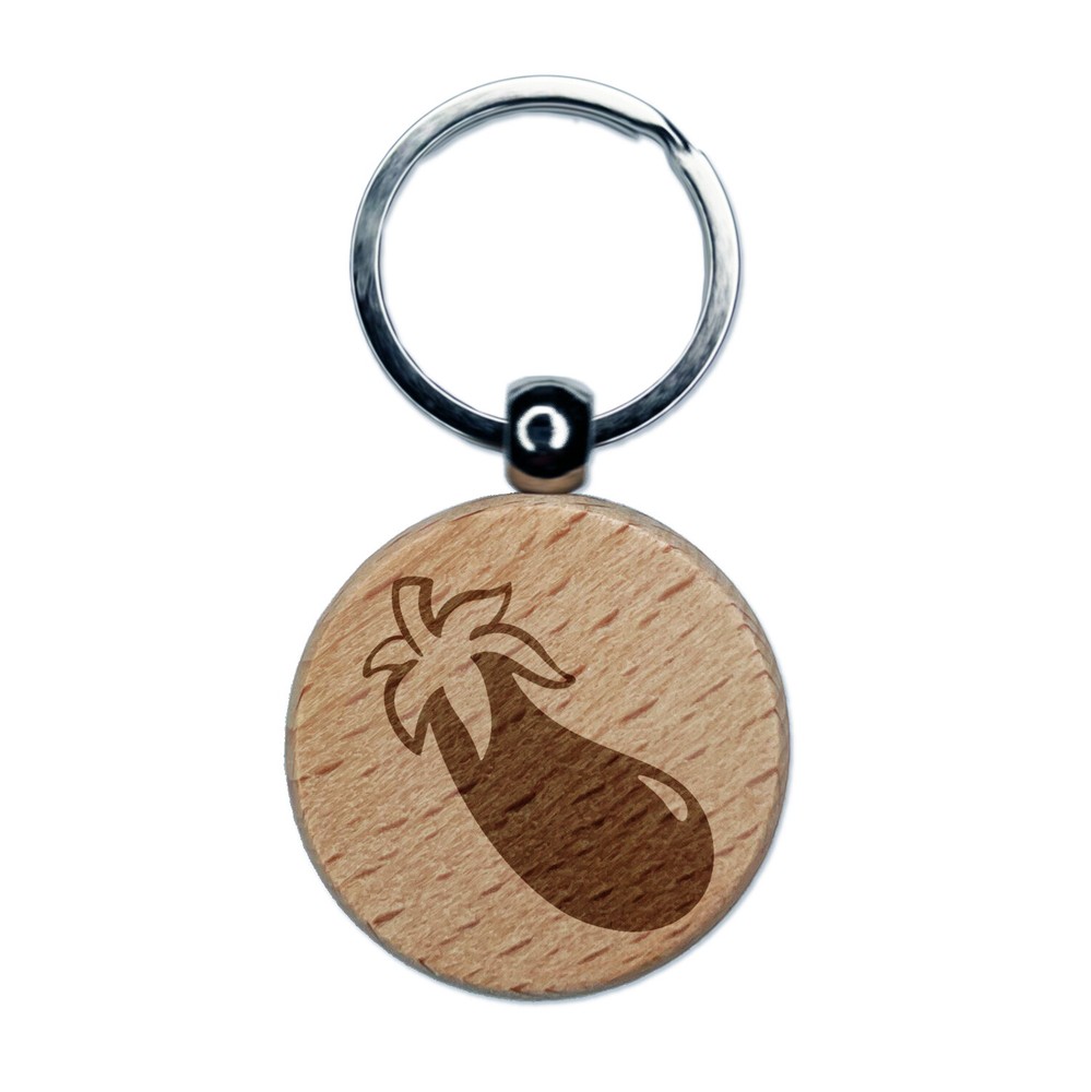 Eggplant Garden Vegetable Engraved Wood Round Keychain Tag Charm