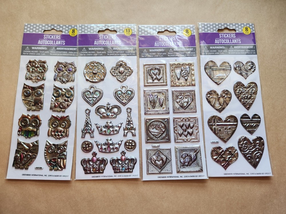 Metallic Textured Puff Stickers 4 packs Owls, Hearts and more