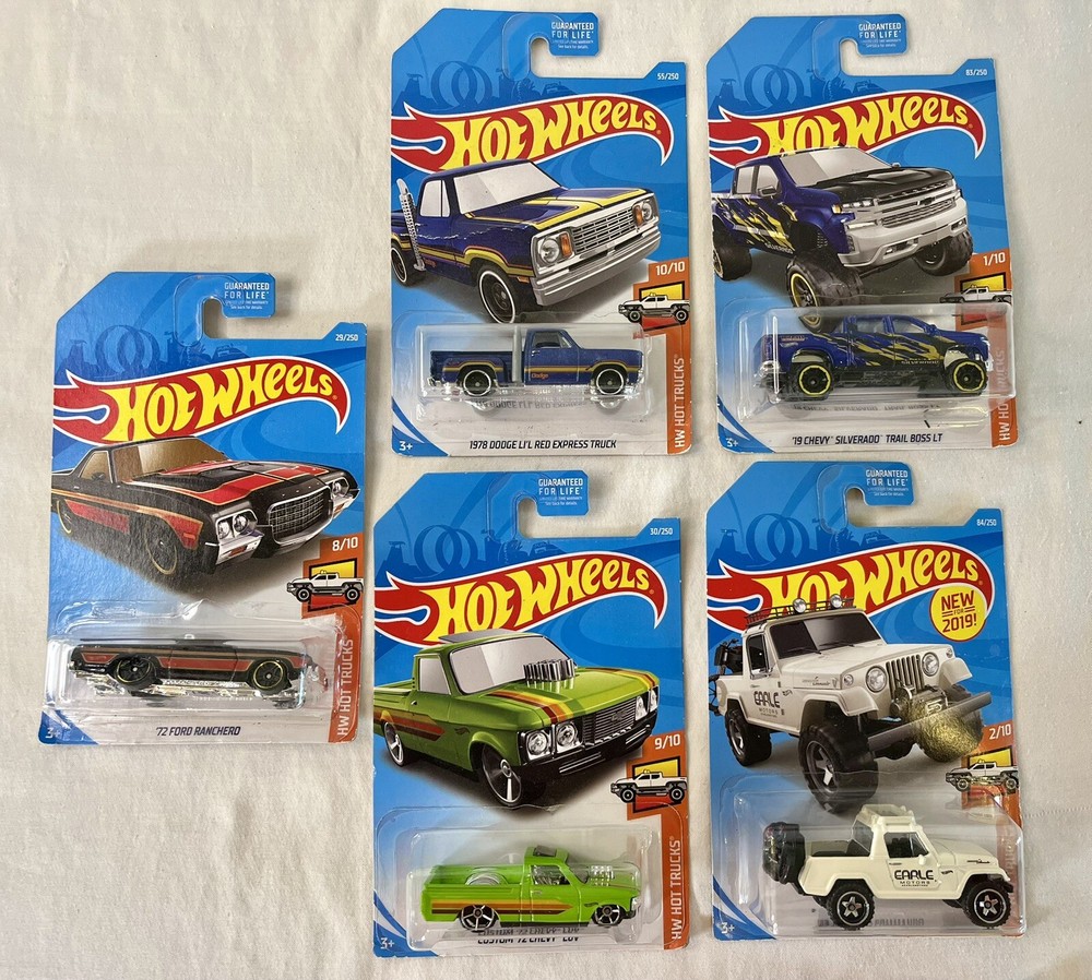 Set Of 5 Hot Wheels HW Hot Trucks-78 Dodge, 19 Silverado, 72 Chevy, 67 Jeepster