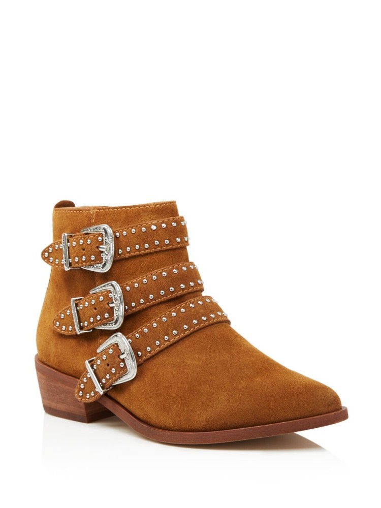 AQUA Womens Brown Studded Blane Almond Toe Block Heel Leather Booties 5.5 M