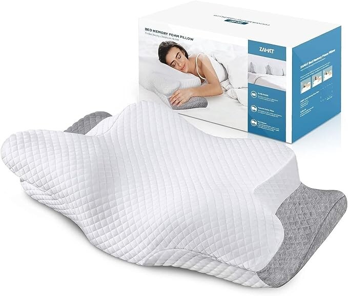ZAMAT Adjustable Memory Foam Neck Pillow for Pain Relief Cooling Support White Light Gray  