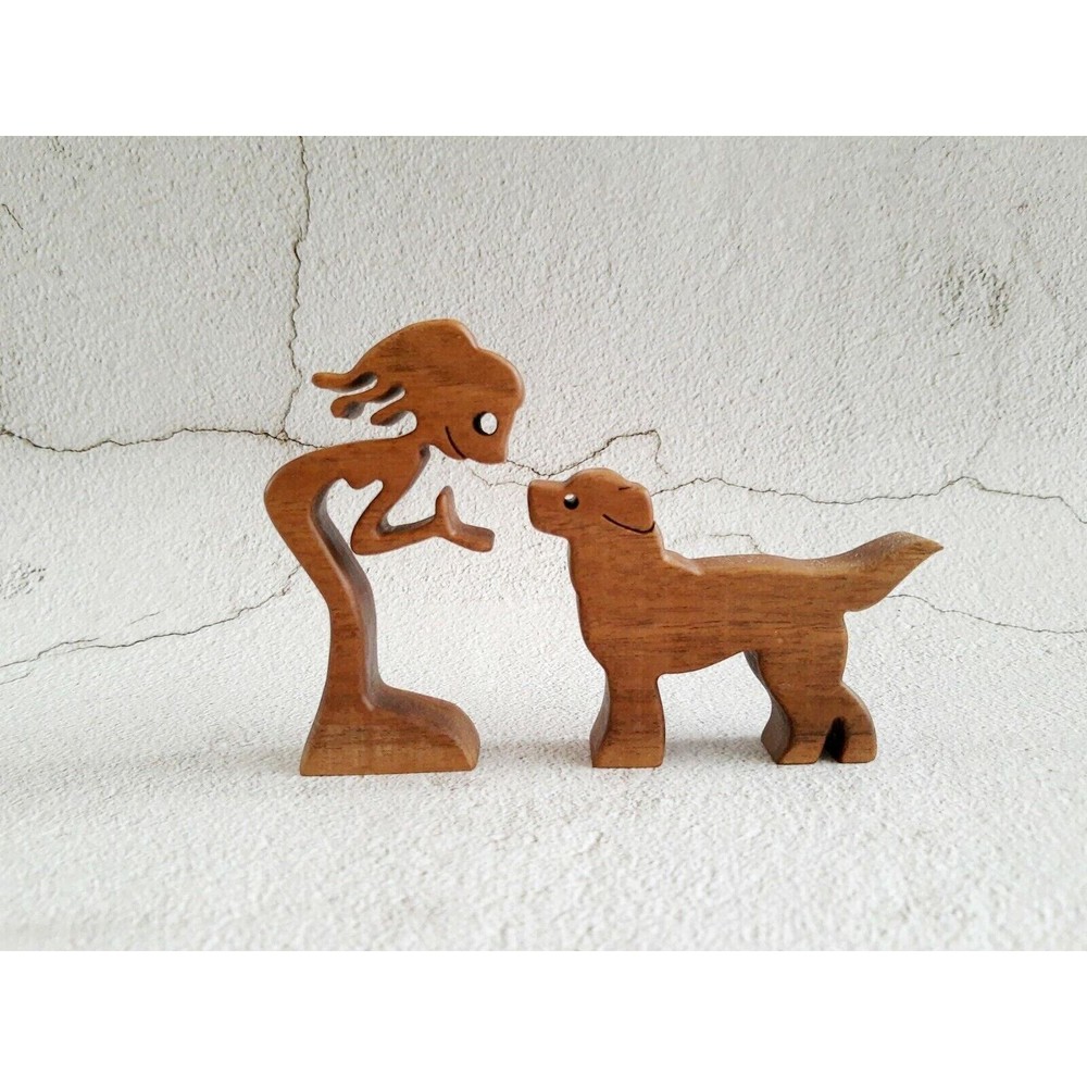 Handmade Wooden Figurine Girl and Labrador Walnut Wood Unique Home Decor