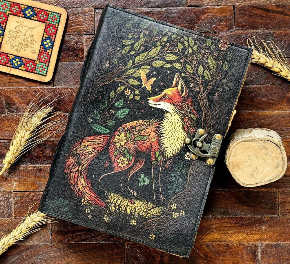 Vintage Large Fox Handmade Leather Grimoire Blank Journal