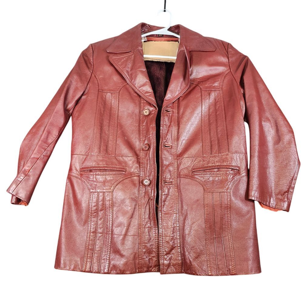 Vintage Leather Burgundy Red Button Front Coat Classic 70s Style Size 42R