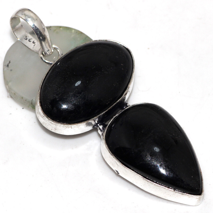 925 Silver Black Onyx Long Gemstone Pendant Necklace 2.3 Inches Ethnic Jewelry JW