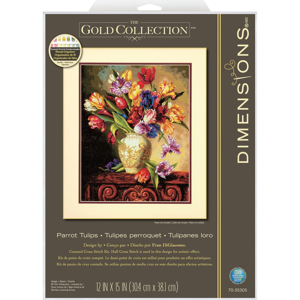 Gold Collection Counted Cross Stitch Kit, Parrot Tulips, 14 Count Black Aida,...