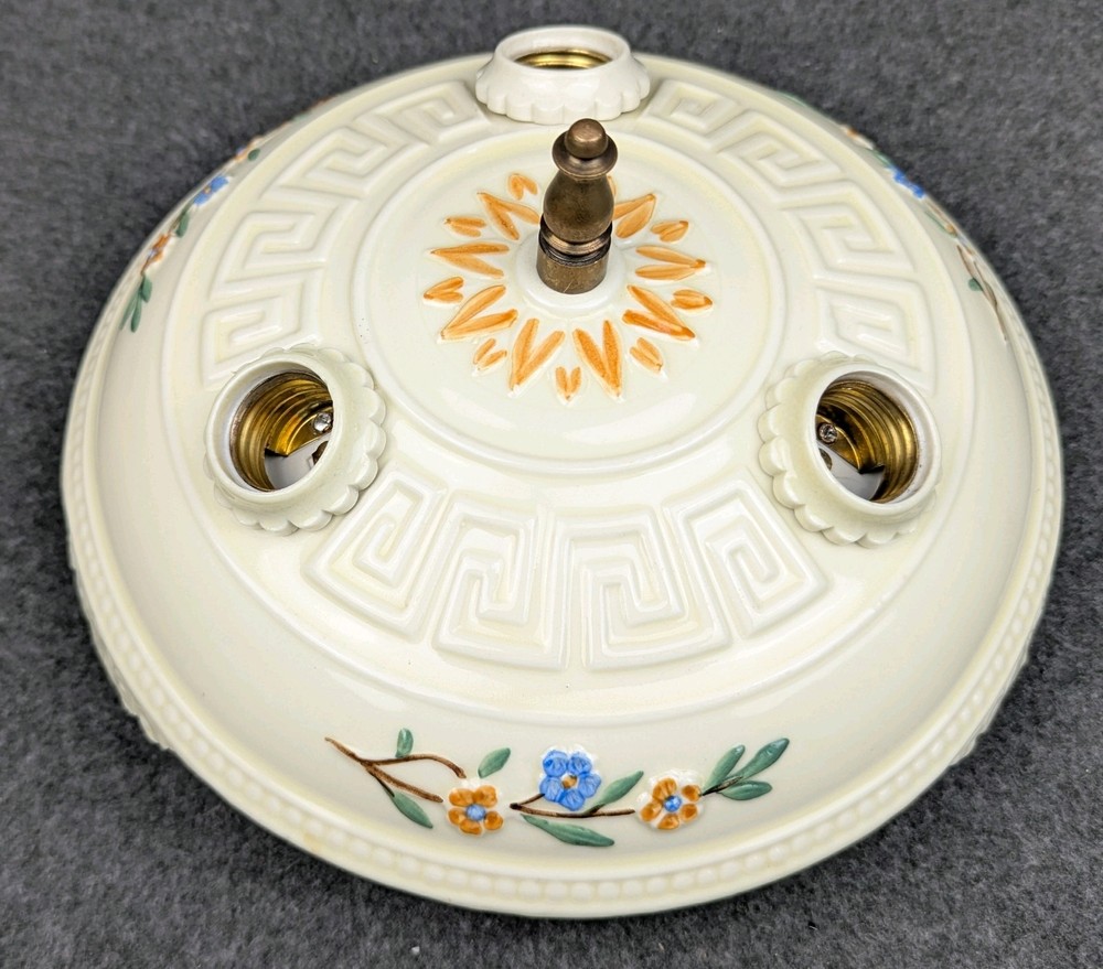 Excellent PORCELIER 3-Bulb Porcelain Ceiling Light, Greek Key, Art Deco, Rewired