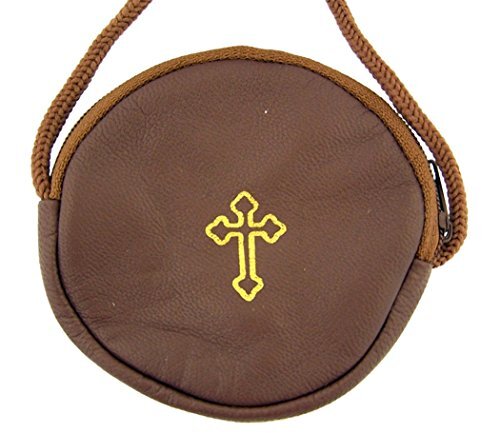 Gold Stamped Cross Leather Rosary Or Pyx Case With Strap Brown 3 3/4 Inch