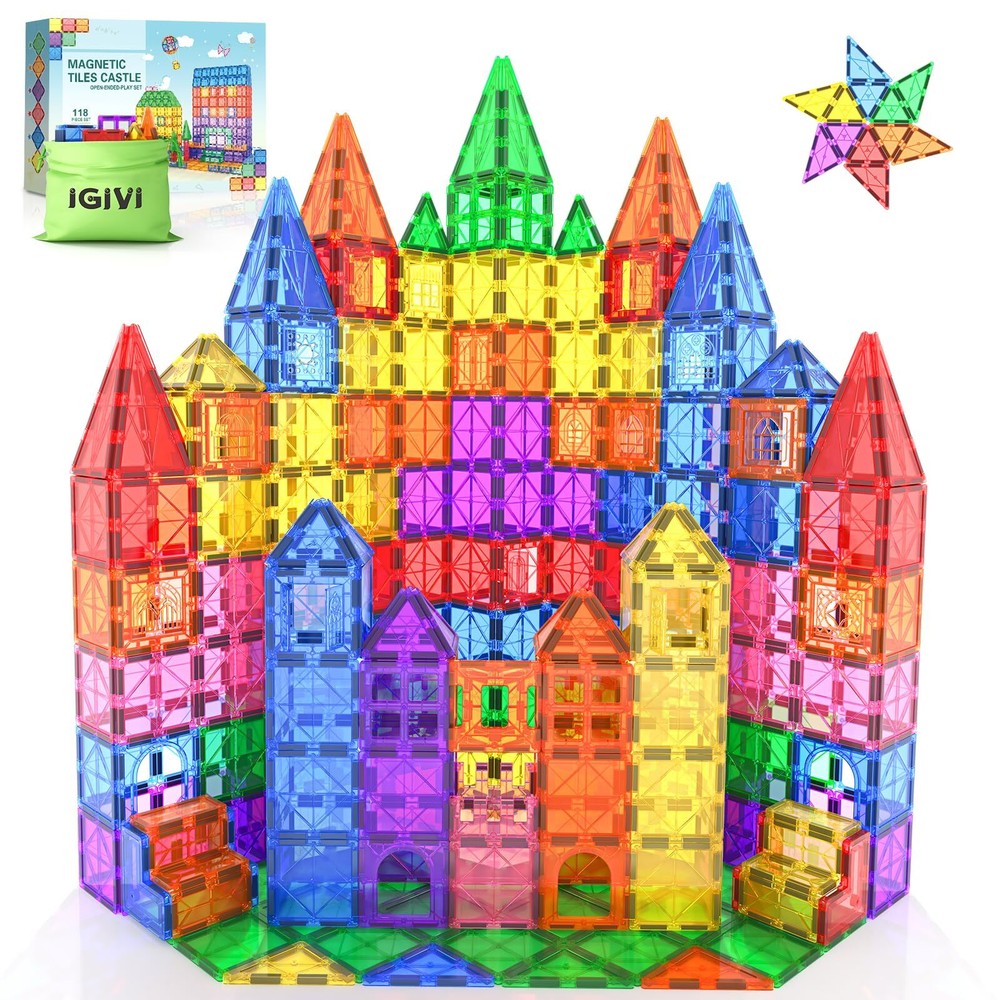 IGIVI 118PCS Magnetic Tiles, Magnet Building Blocks for Kids Ages 3-5 4-8, ST...