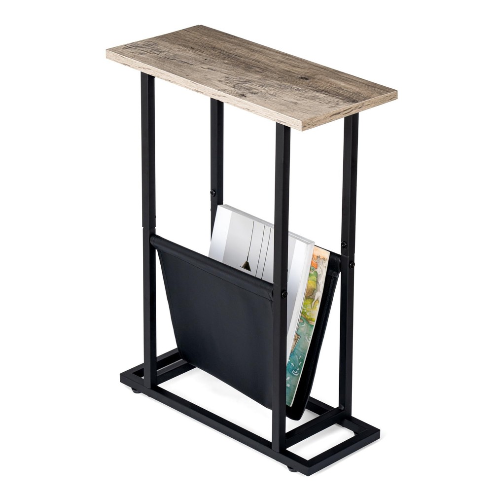 Narrow Side Table with PU Leather Magazine Holder Rustic Slim Little Thin Tab...